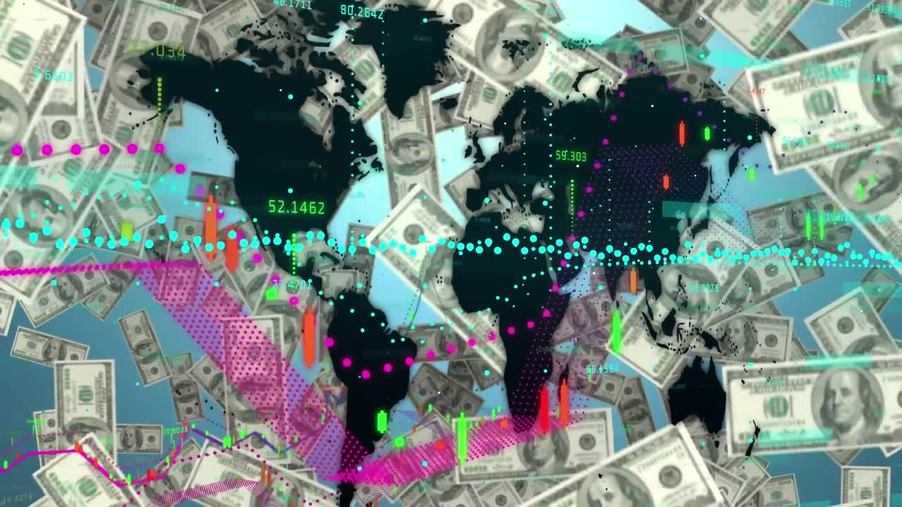 지도 위의 여러 그래프와 파란색 배경에 떨어지는 달러 지폐의 애니메이션