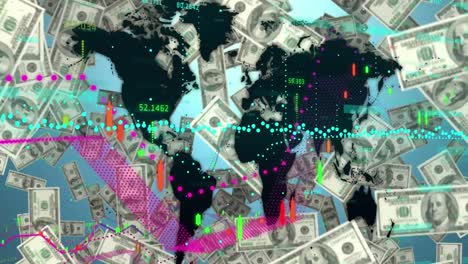 animation of multiple graphs over map and falling dollar bills against blue background