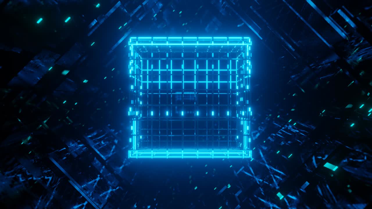 3d object or structure rotates and moves inside glass mirror tunnel with neon light, bright reflections. Frames. Fantastic abstract bg in 4k. Vj loop for show. Sci fi bg fly through hi tech tunnel