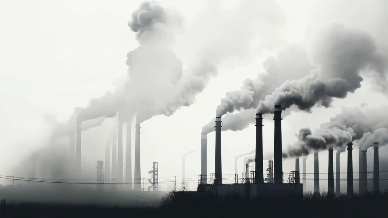 Aerial video shot of industrial chimneys emitting smoke, creating a foggy atmosphere