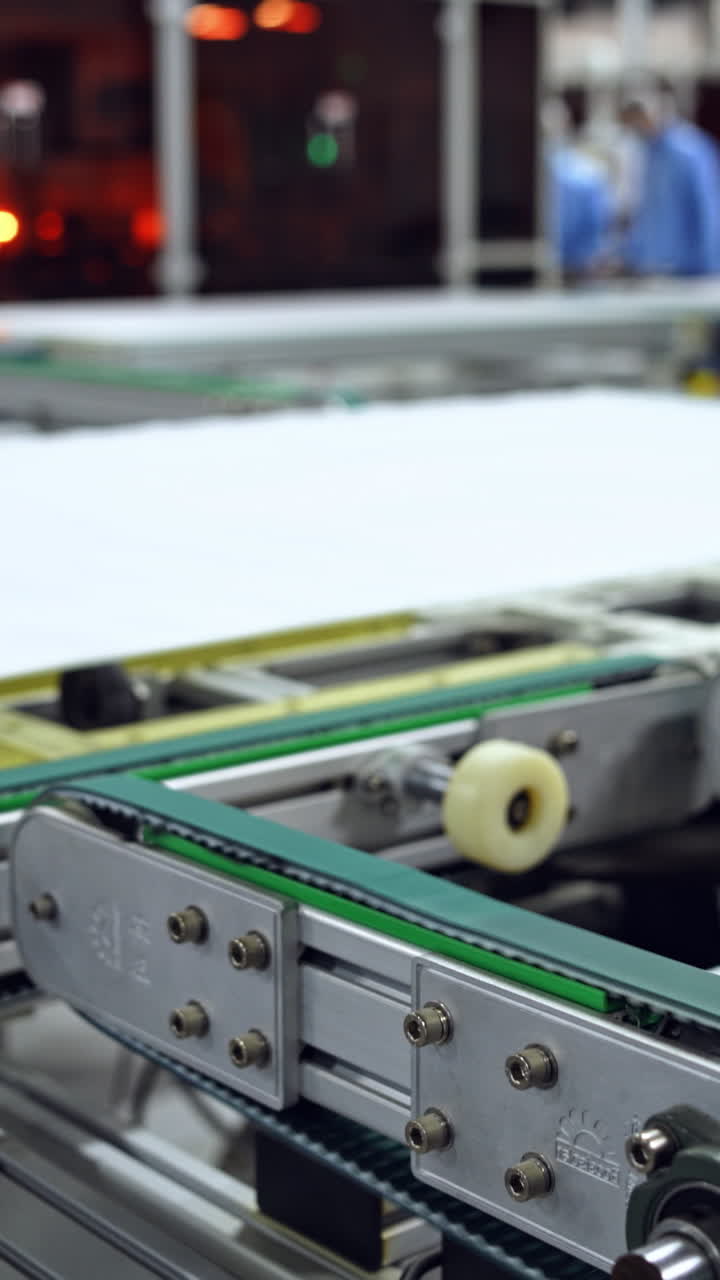 Process of making clean solar panels inside a modern factory. Automated machine for producing solar cells. Robotic equipment of contemporary plant. Vertical video