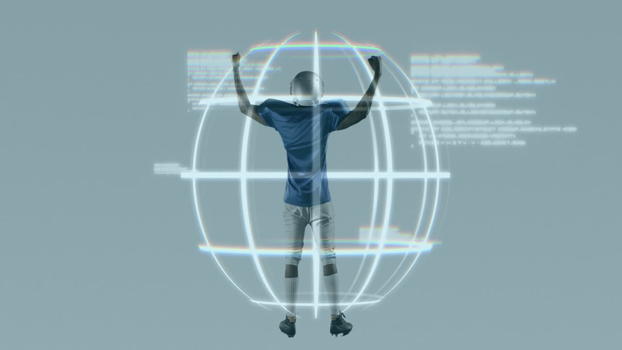 male football player raising arms in studio presenting holographic globe with grid for technology