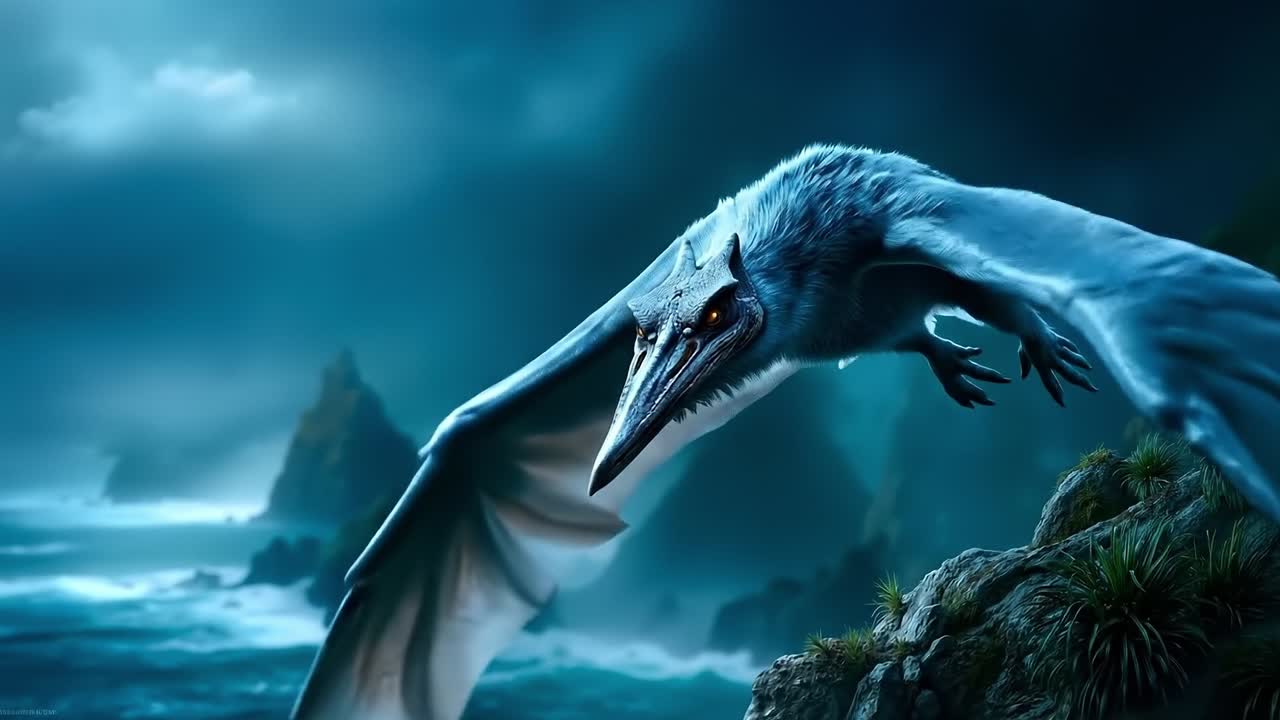 A pterodactyl flying over a rocky cliff by the ocean