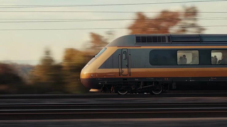 Modern High-Speed Passenger Train Traveling Through Countryside