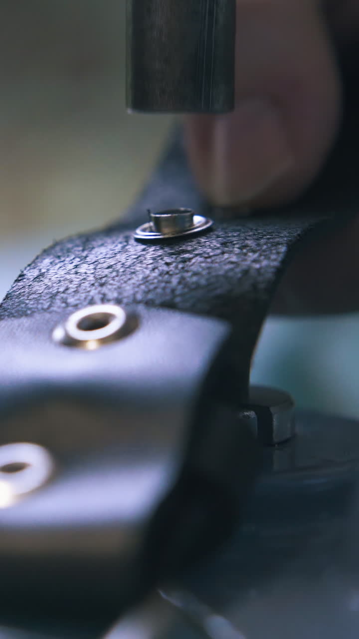 CU: Professional designer sets silver eyelets on black leather belt with special press machine closeup
