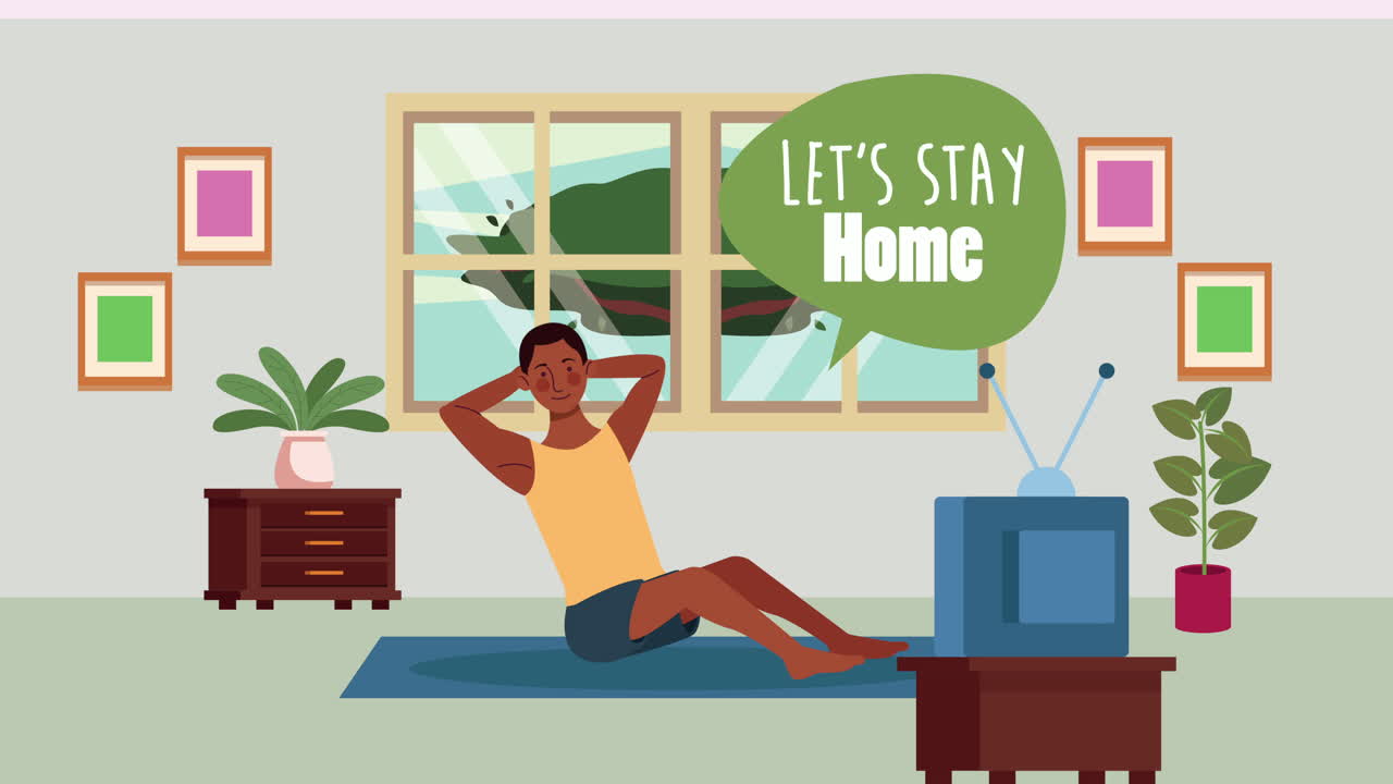 afro man practicing exercise in home for covid19 prevention method