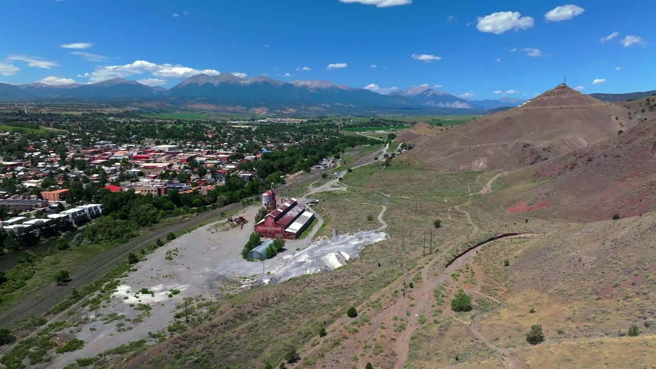Collegiate Peaks 14ers S Mountain Tenderfoot Hill Salida Colorado aerial drone forward pan up motion Buena Vista Rocky mountain town Chaffee County USA Arkansas River rafting blue sky sunny daytime