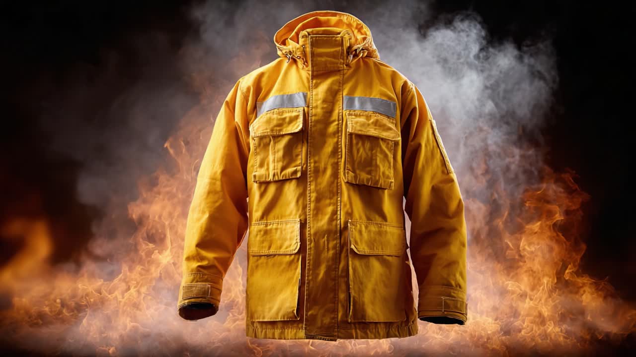 Uma imagem marcante de um casaco amarelo brilhante resistente ao fogo, exibida contra um cenário dramático de fumaça e chamas, simbolizando segurança e proteção em ambientes perigosos