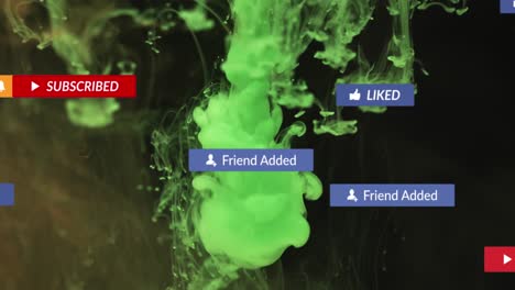animación de textos de redes sociales con iconos sobre líquido verde sobre fondo negro
