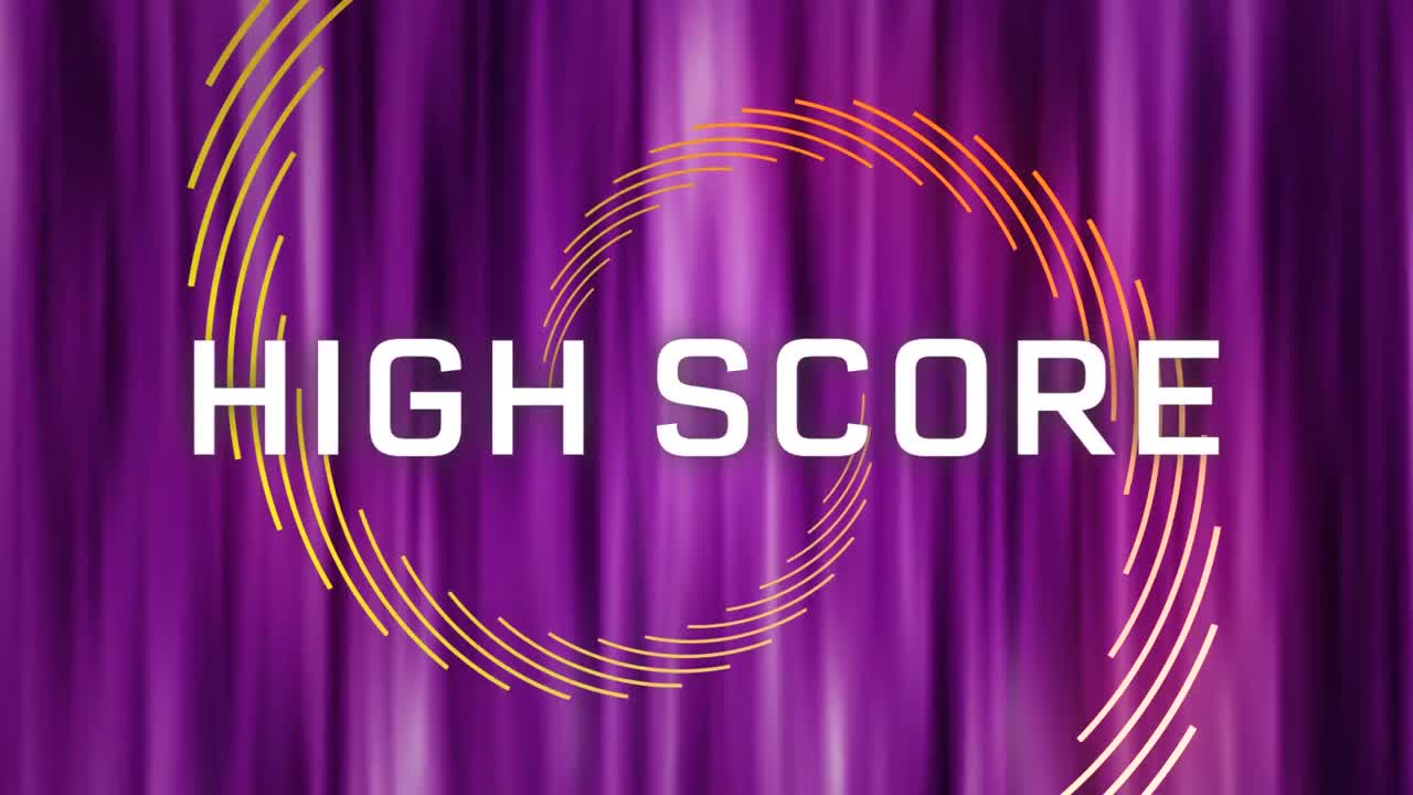 Animazione di testo "high score" in lettere bianche su sfondo viola.