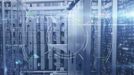 animation of scope scanning and data processing over tech room with computer servers