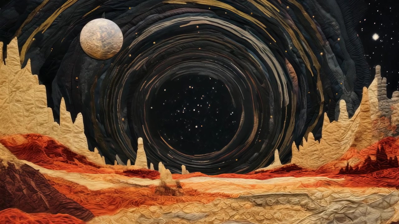 Abstract Quilted Black Hole Vortex with Alien Landscape and Moon