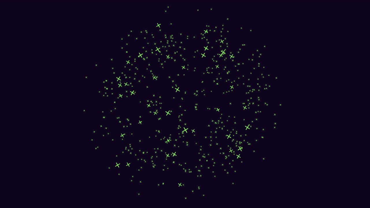 Abstract green particle star field forming circular burst on dark purple background