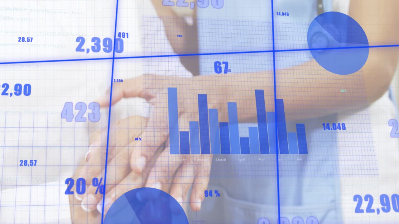Clinician moving, palpating patient wrist assessing pulse holding hands while blue charts aligning