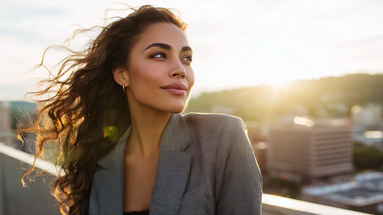 Uma mulher confiante olha para a distância enquanto o sol se põe, exibindo sua elegância e equilíbrio em um belo horizonte da cidade, destacando a essência do empoderamento e da determinação.