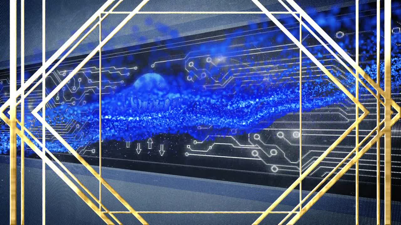 검은색 바탕에 금색 프레임, 글리터 및 통합 회로의 애니메이션