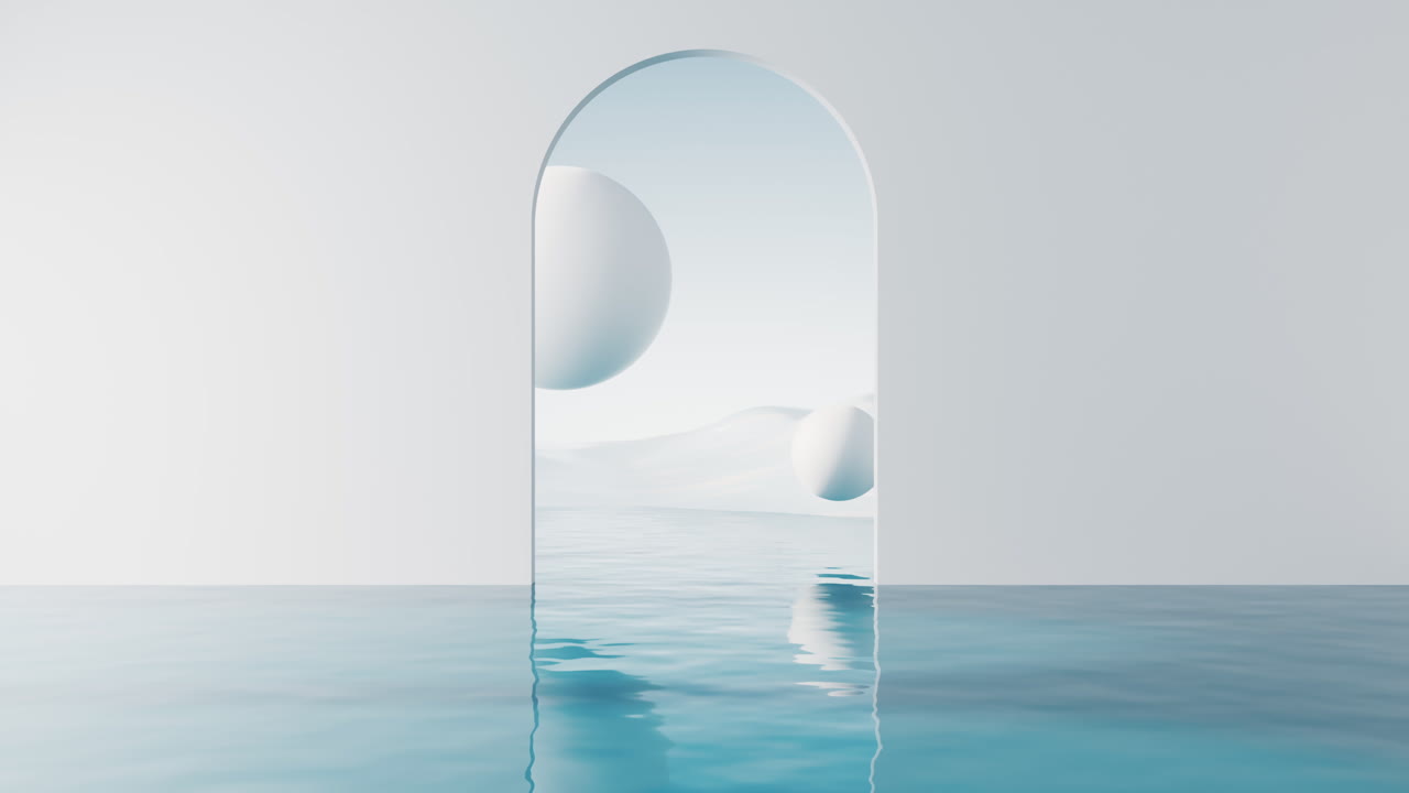 superficie de agua con bolas redondas de fondo, renderización en 3d.