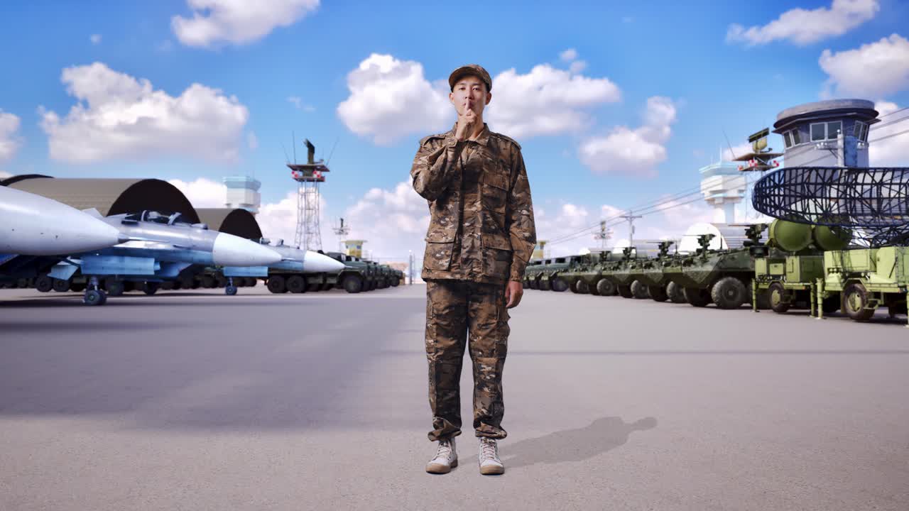 아시안 남성 병사의 몸이 가득 차 있습니다. 군 캠프에 서서 카메라를 보고 조용한 몸짓을 합니다.