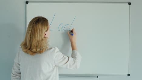 una mujer escribe una palabra encierro en el tablero de clase 1