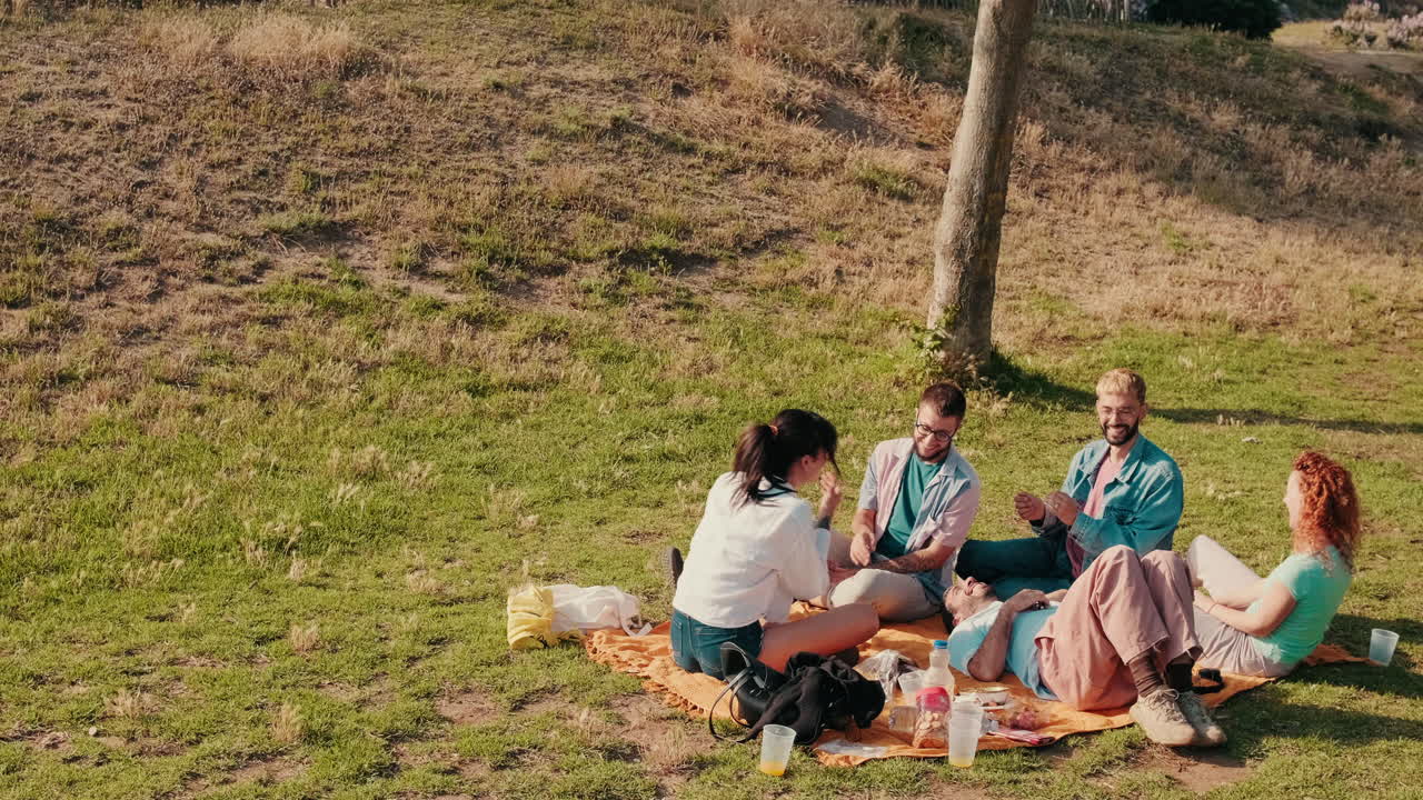 친구 들 이 공원 에서  이 비는 피크닉 을 즐기고 있다