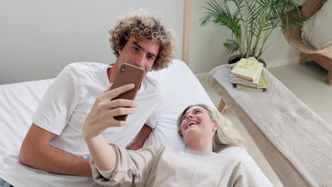 Bedroom,-phone-or-couple-of-friends-on-social