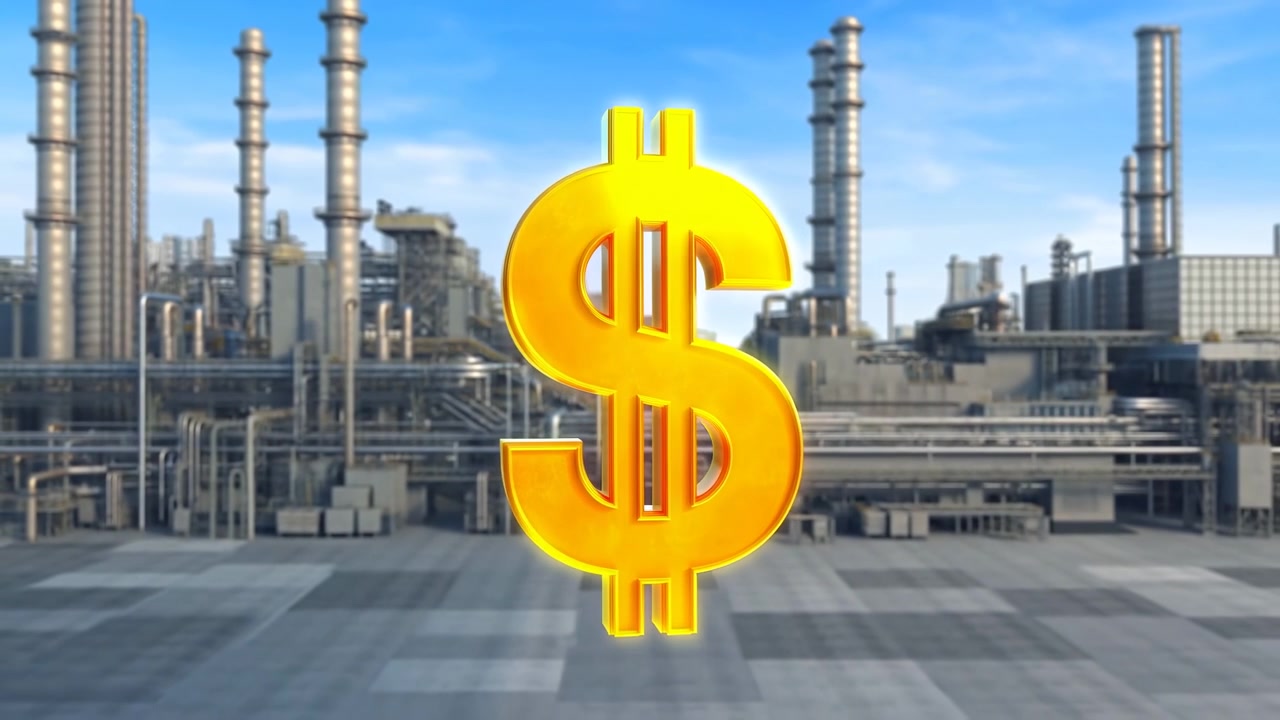 Bright metallic currency sign moves farther into the center of an industrial plant scene, decreasing in apparent size while refinery structures remain fixed beneath daylight sky.