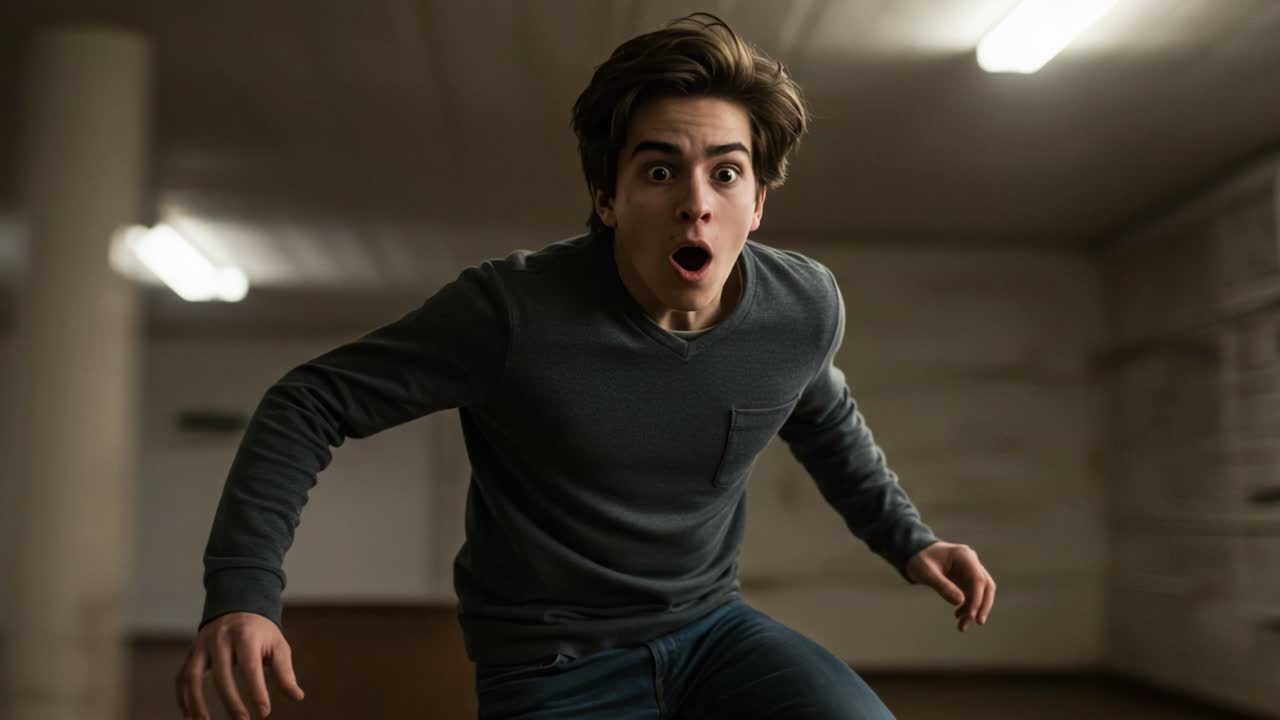 A Boy's Transition from Shock to Joy: Capturing the Emotional Journey in a Single Moment of Surprise and Laughter in an Atmospheric Environment