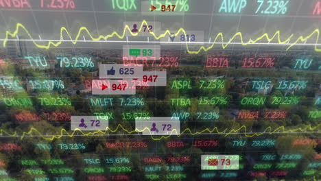 animation of social media icons and financial data processing over cityscape