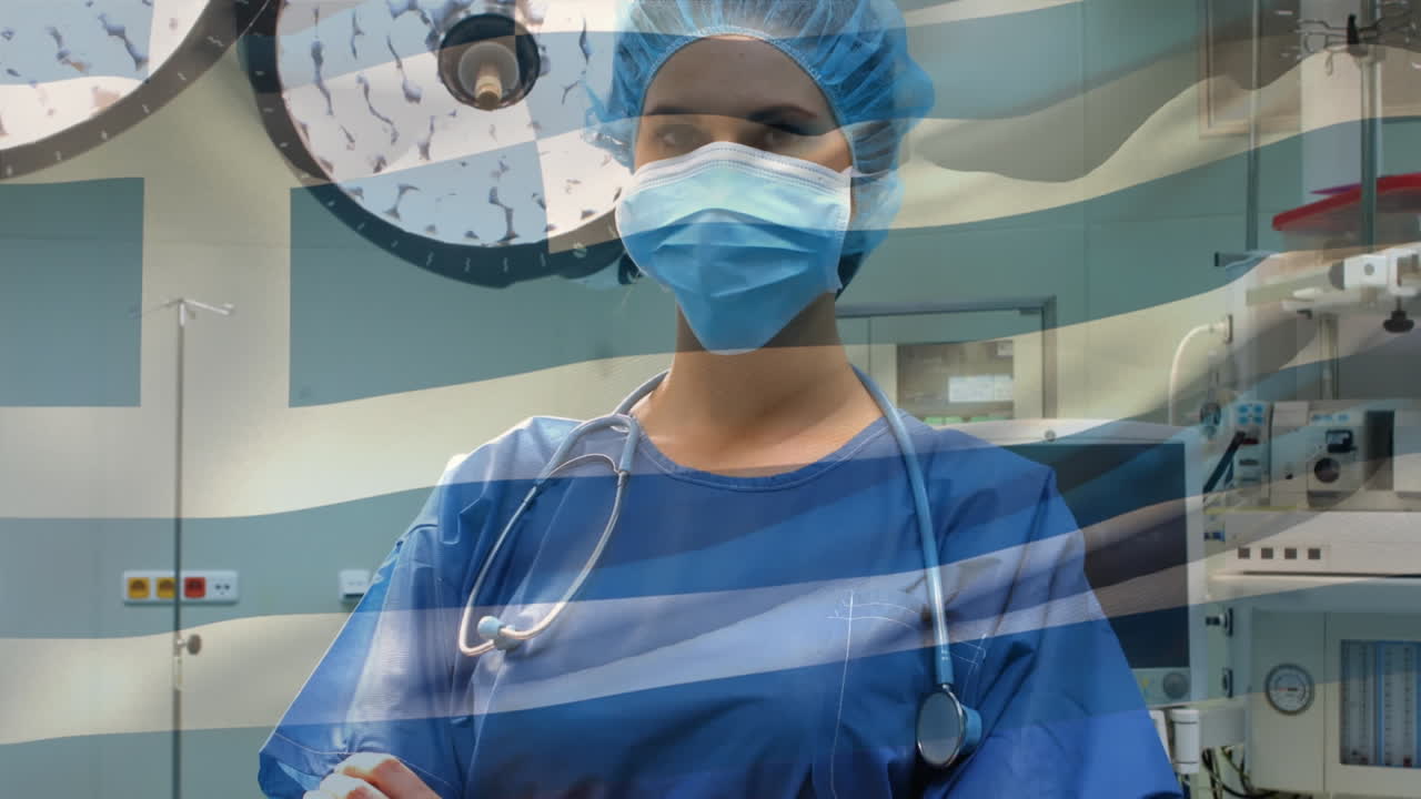 animación de la bandera de grecia ondeando sobre el cirujano en el quirófano