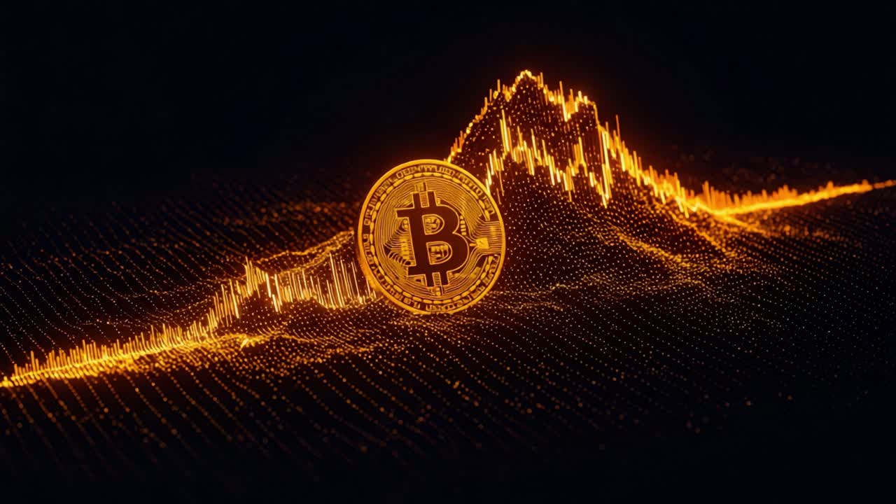 A Dynamic Visualization of Cryptocurrency Trends Featuring a Golden Bitcoin Coin Amidst a Vibrant Data Wave Representation of Market Fluctuations