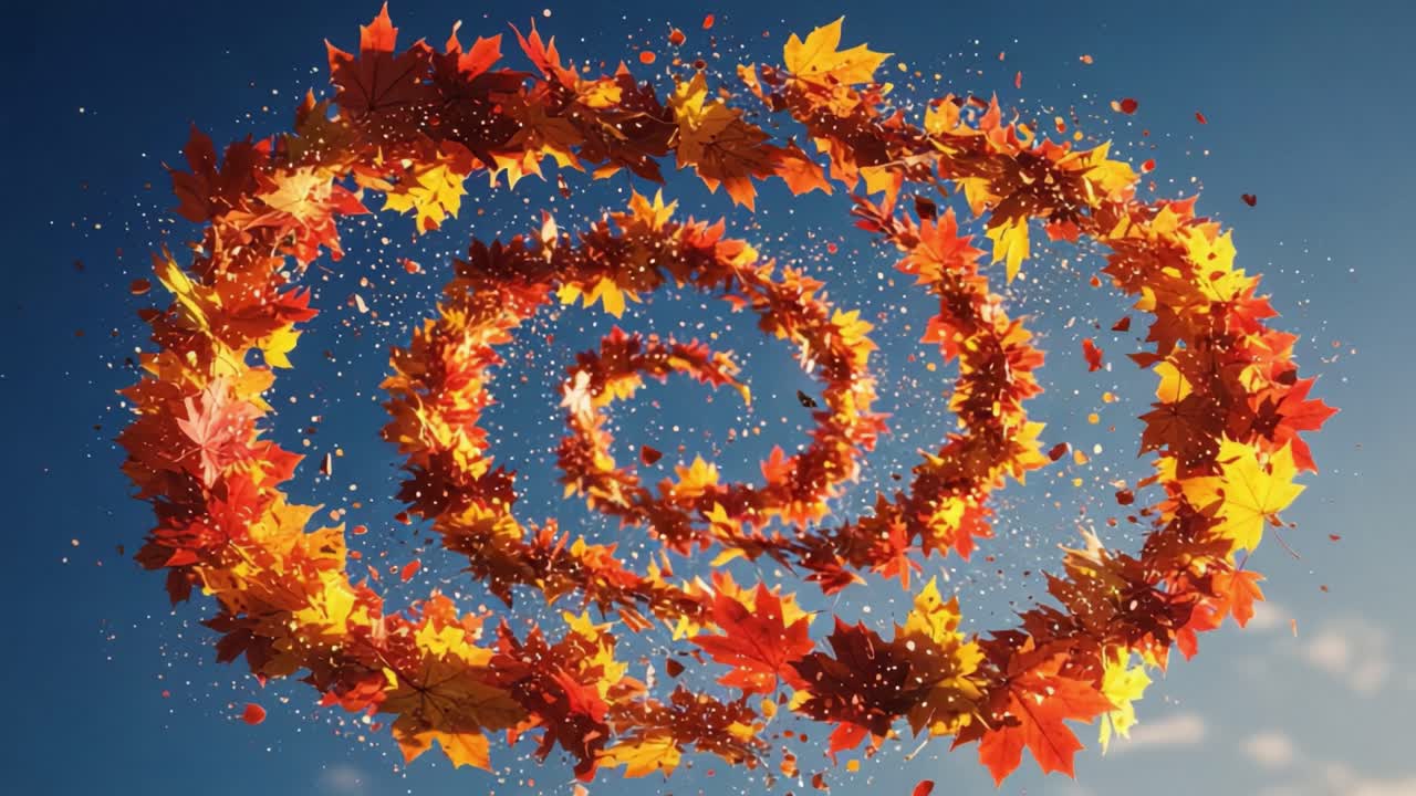 A Beautiful Spiral of Autumn Leaves Captured Against a Clear Sky, Creating a Stunning Visual of Nature's Vibrant Colors and Whirling Motion