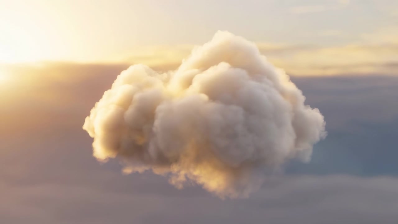 A large fluffy cloud floats over a calm horizon under warm sunset light, with soft golden tones, open sky, and a peaceful atmospheric scene