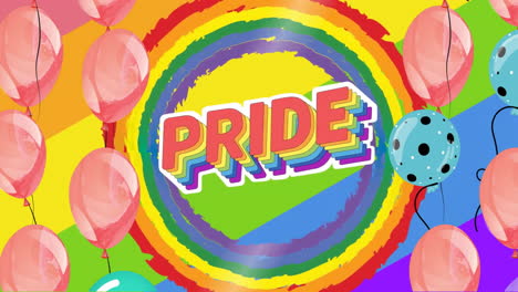 animación del texto del orgullo en el círculo del arco iris sobre globos coloridos en fondo arcoirís
