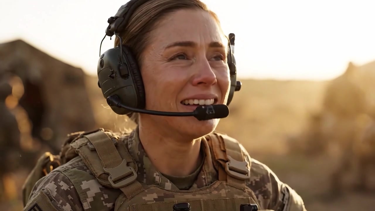 Un soldato in equipaggiamento tattico, che riflette emotivamente su una situazione mentre comunica tramite un auricolare, circondato da un ambiente militare durante il tramonto.