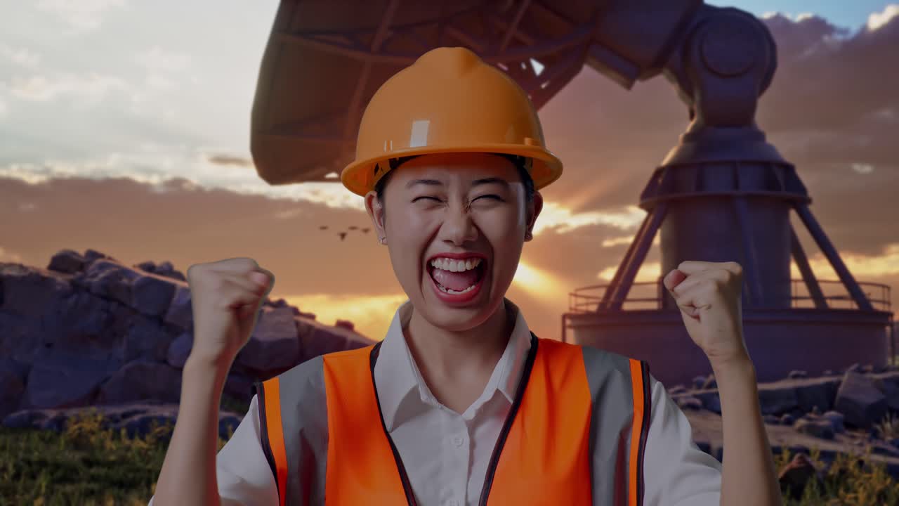 Close Up Of Asian Female Engineer With Safety Helmet Screaming Goal Celebrating Working With Large Satellite Dish