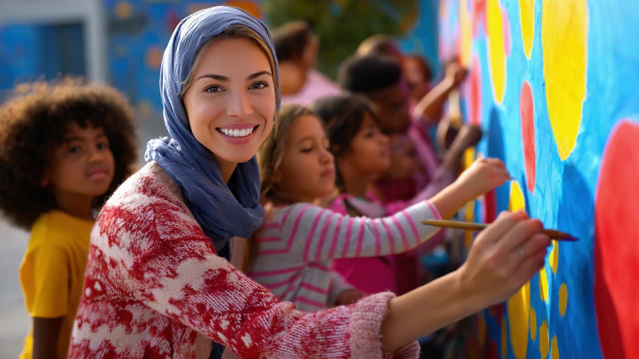 Woman Painting with Children