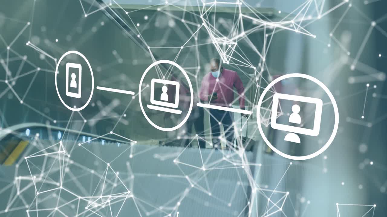 animación de iconos y red de conexiones sobre hombre afroamericano en escaleras mecánicas con máscara facial