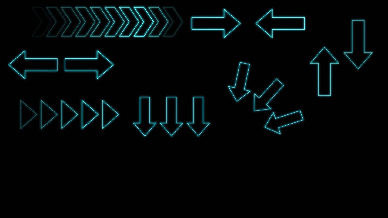 Blue neon arrows animate across black background, moving, rotating, and multiplying with smooth transitions