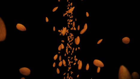 flying many almonds nuts on black background. foodstuff, healthy food, diet. 3d animation of almond rotating. loop animation.