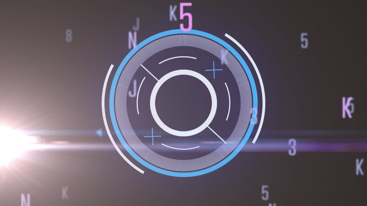 animación de un escáner redondo sobre un punto de luz, cambiando números y símbolos contra un fondo negro