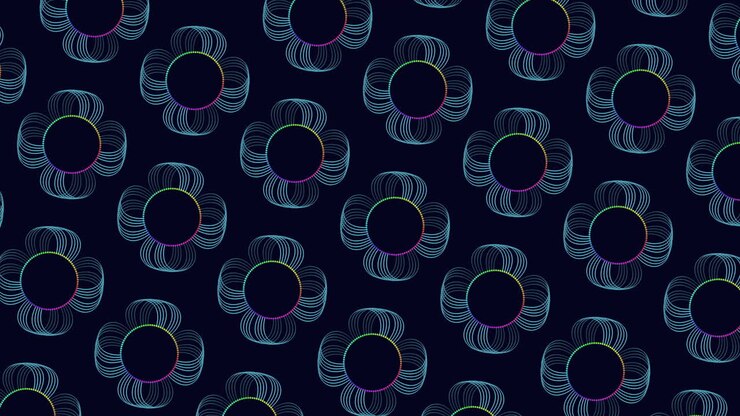 Colorful circles and curved lines in a mesmerizing pattern on black background