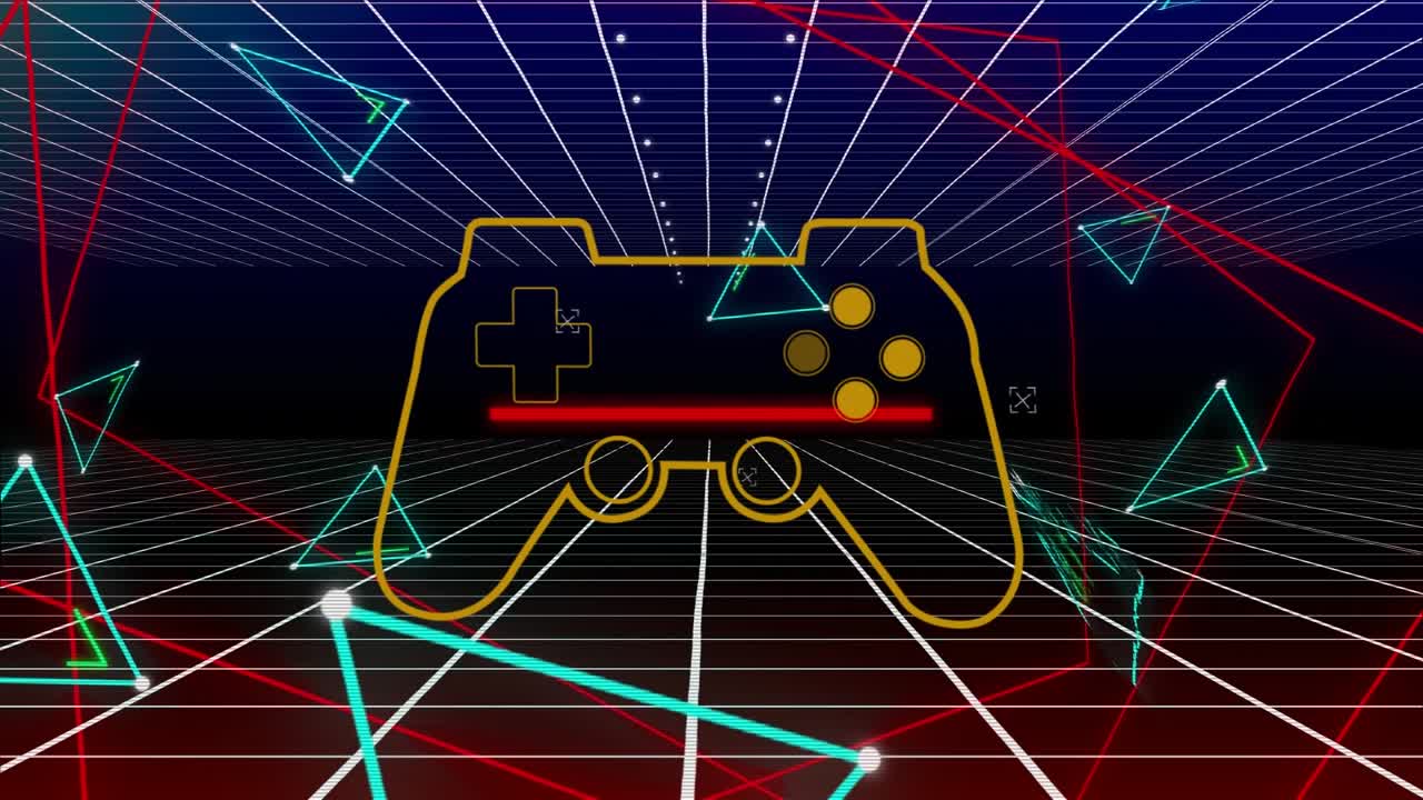Animasjon av en neon spillkontroller over geometriske former på mørk bakgrunn.