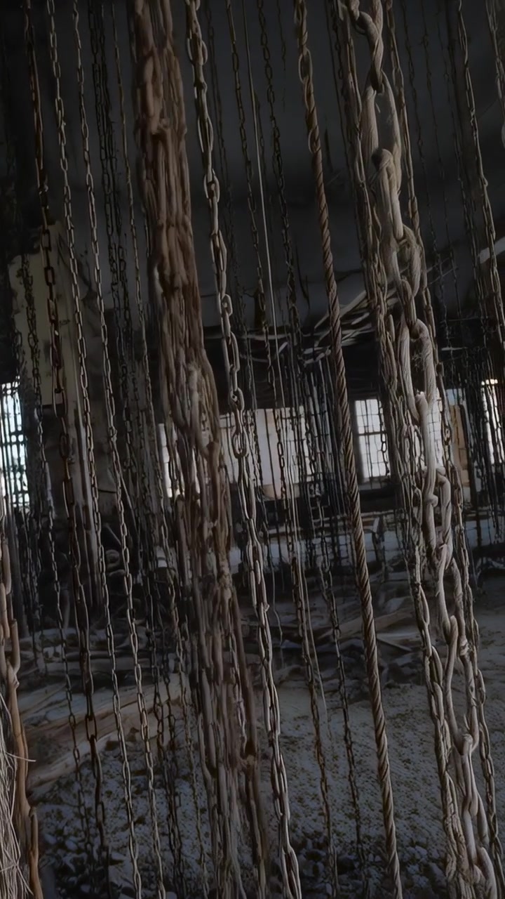Vertical video: Swaying metal chains and thick ropes while camera shifting, revealing dusty windows