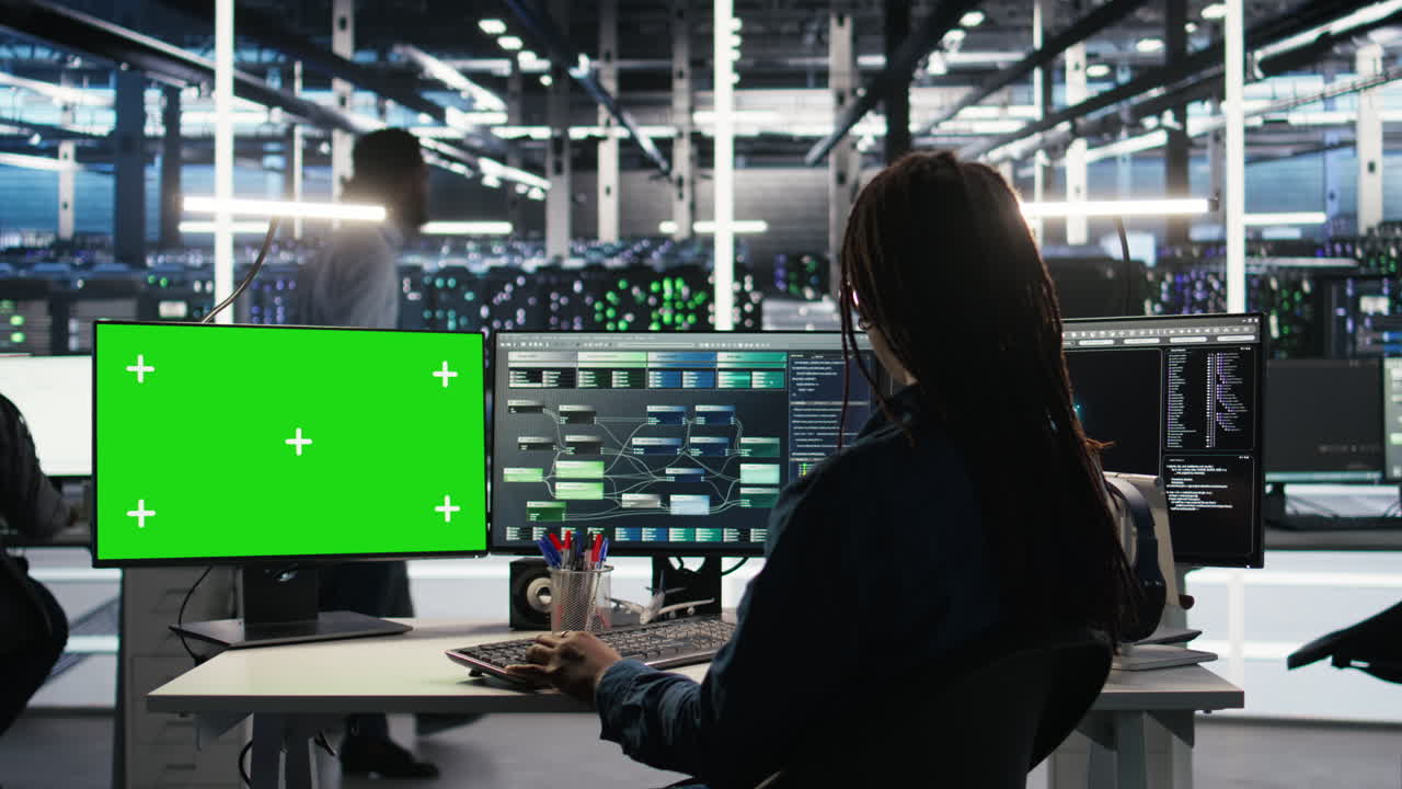 Data center technician using node tree software on mockup PC to analyze datasets