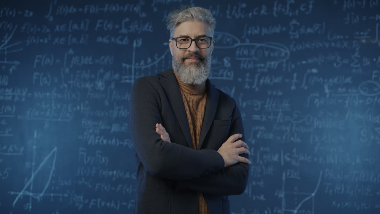 Professor with arms crossed in front of a chalkboard