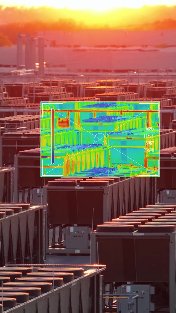 Sistemi di raffreddamento per data center NOVA con una sovrapposizione di mappa di calore termica digitale che illustra l'estremo consumo energetico e l'impatto ambientale dell'intelligenza artificiale. Ripresa verticale con drone