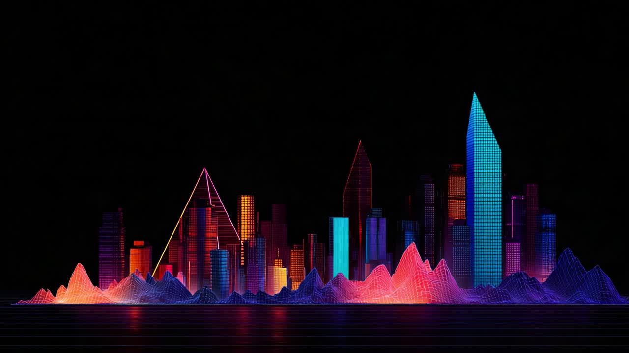 A Vibrant Futuristic Cityscape: A Stunning Visualization of Abstract Skyscrapers and Geometric Peaks Illuminated by a Spectrum of Colors Against a Dark Background