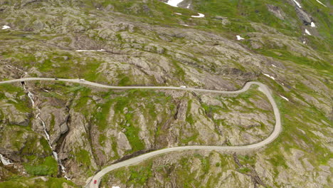 bird's eye view of a curve roads going from eidsdal to geiranger in norway