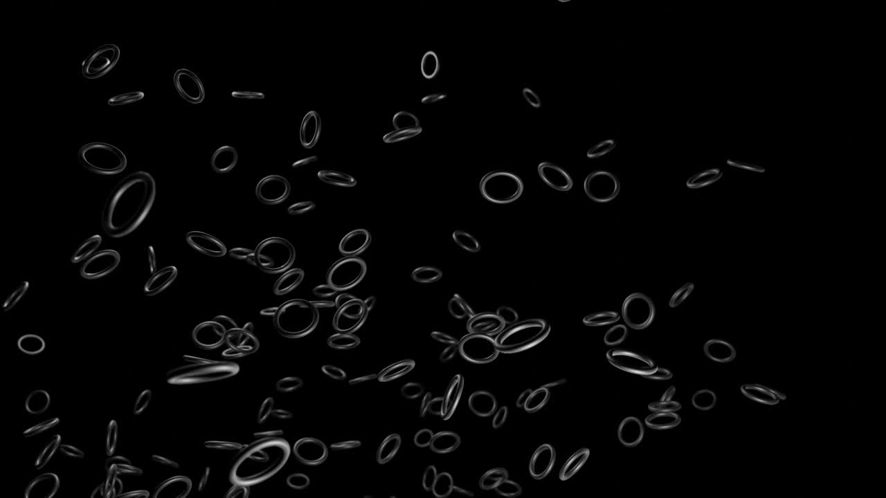 추상적인 축제 배경은 토러스 또는 반지의 구름으로 무작위로 박이는 네온 다채로운 빛, 공중에서 회전하는 검은 반지, 4k에서 아름다운 루프, 부드러운 흔들리는 애니메이션, 3d 렌더링.