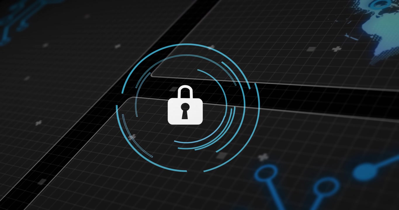 Animation of padlock icon over data processing on black background